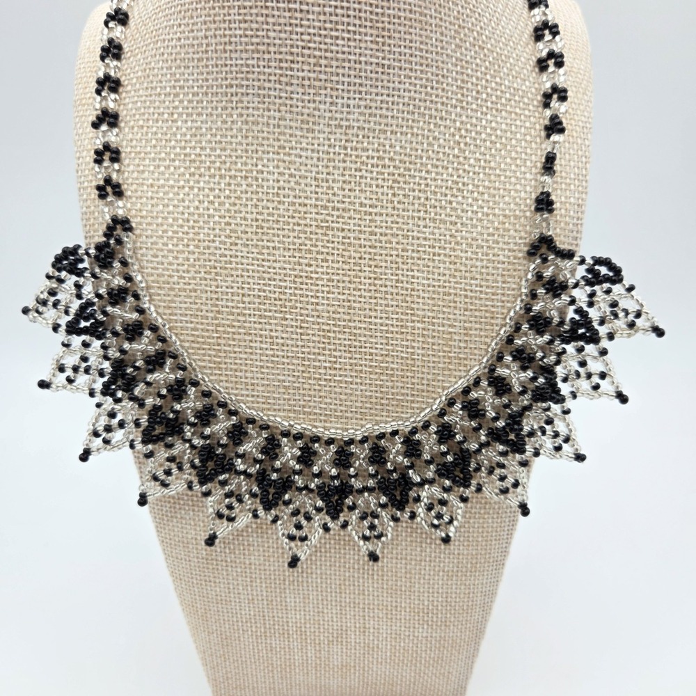 Vintage Handmade Czech Glass‎ Black & Clear Seed Bead Bib Choker Necklace